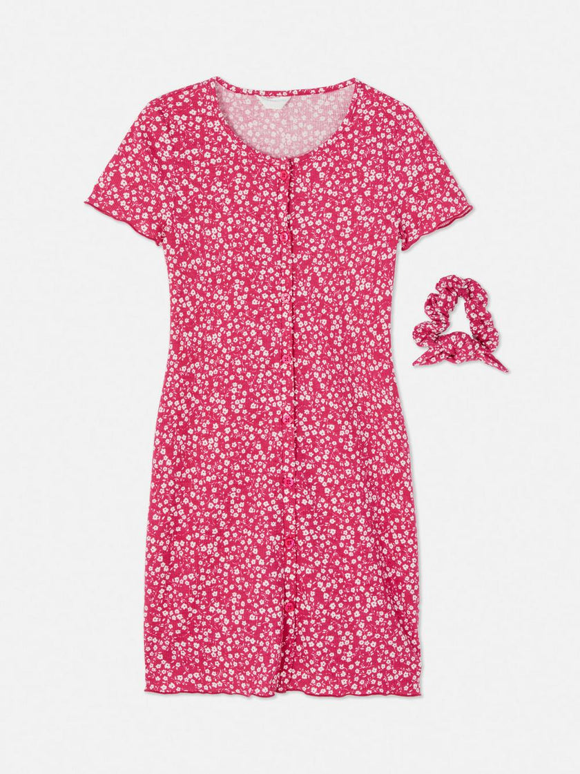 Floral Button-Up Dress And Scrunchie