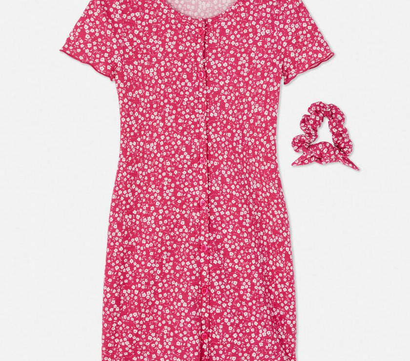Floral Button-Up Dress And Scrunchie