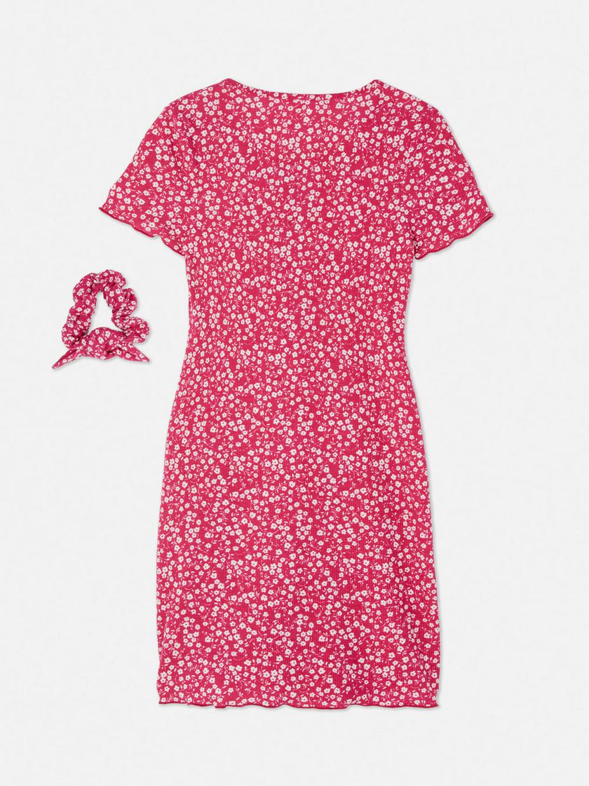 Floral Button-Up Dress And Scrunchie