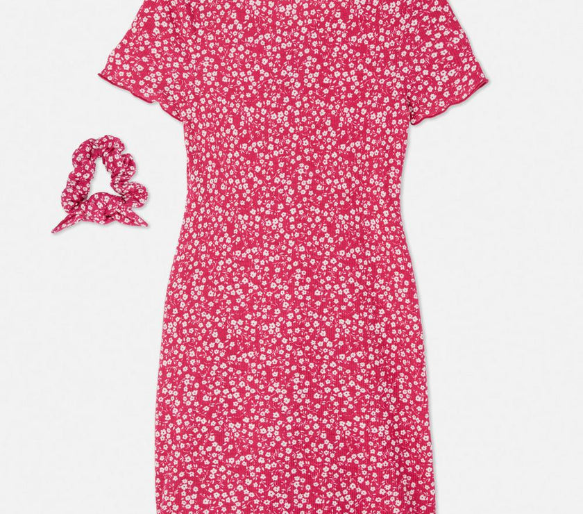 Floral Button-Up Dress And Scrunchie